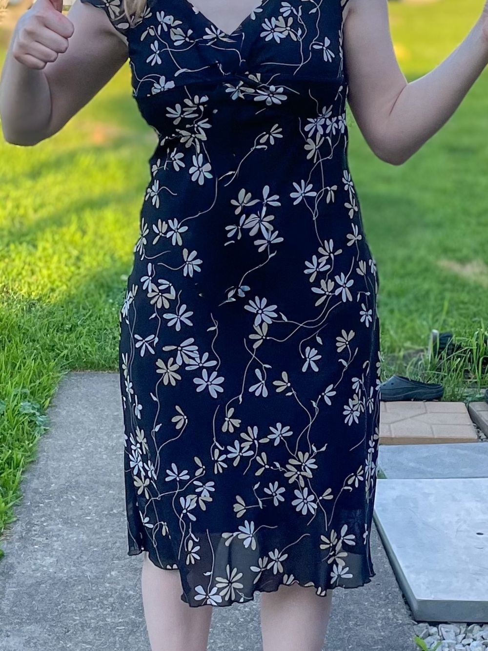 Ombre Vintage Y2K Black Cream Floral Chiffon Cap Sleeve Midi Dress Size 8